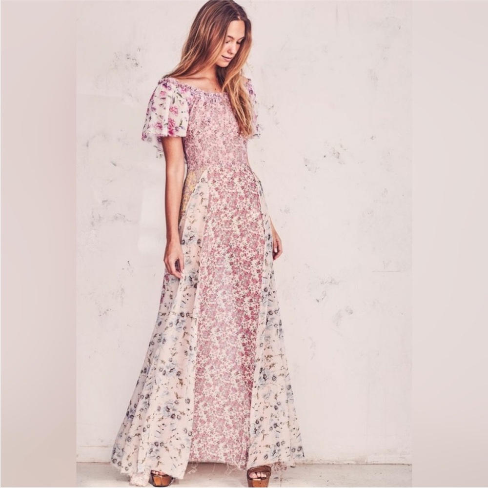 LoveShackFancy Evelyn Pink Multi Floral Maxi Silk Off the Shoulder Dress EUC 6